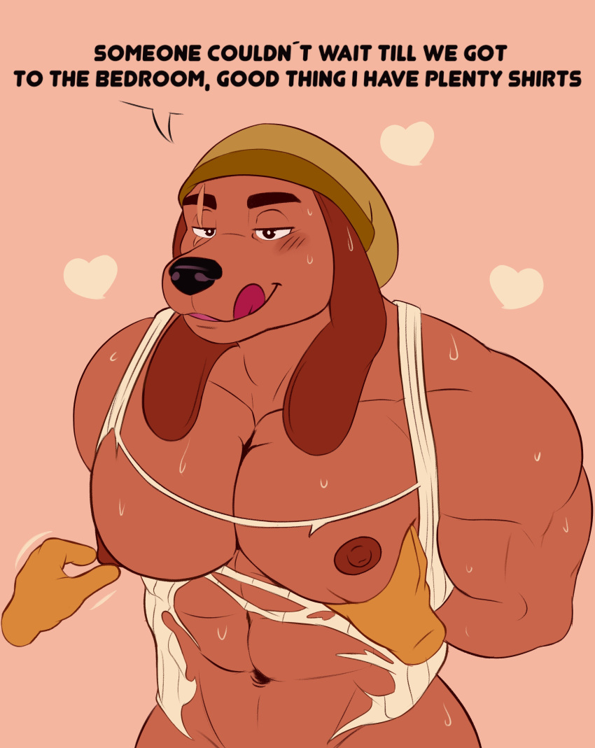 &lt;3 2021 abs absurd_res anthro beanie big_muscles big_pecs blush bodily_fluids canid canine canis clothing dialogue disembodied_hand domestic_dog english_text eyebrows hands_behind_back hat headgear headwear hi_res licking licking_lips licking_own_lips long_ears male mammal muscle_worship muscular muscular_anthro muscular_male narrowed_eyes navel nipple_fetish nipple_pinch nipple_play nipples pec_grasp pec_squeeze pec_squish pecs pinch pink_background scar self_lick shirt simple_background smile solo squish sweat text thisishomo tongue tongue_out topwear torn_clothing torn_shirt torn_topwear