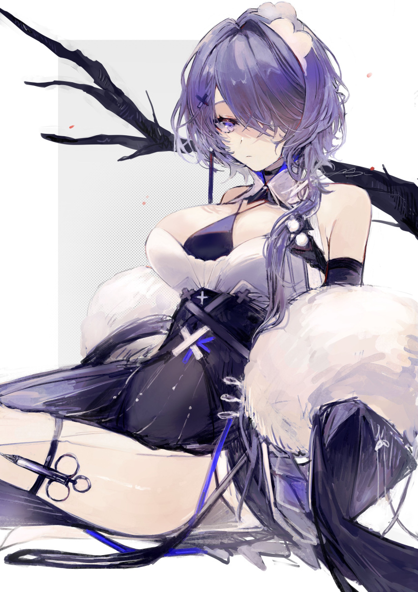 1girl aaoshigatoutoi absurdres arknights bare_shoulders bare_tree black_dress branch breasts closed_mouth detached_sleeves dress expressionless fur_shawl gradient gradient_background hair_ornament hair_over_one_eye hairclip highres large_breasts long_hair long_sleeves looking_at_viewer purple_eyes purple_hair sitting solo syringe thigh_strap thighs tree underbust whisperain_(arknights) whisperain_(tremble_cold)_(arknights) x_hair_ornament