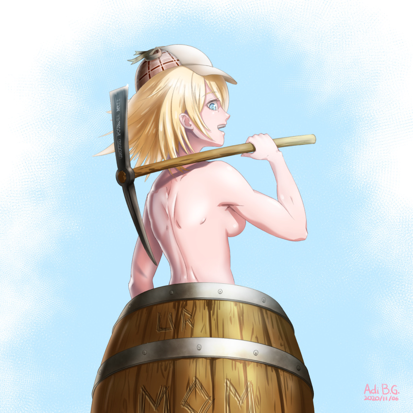 adi_b.g. bangs blonde_hair blue_background blue_eyes breasts dated deerstalker hat highres holding holding_pickaxe hololive hololive_english in_barrel looking_at_viewer looking_back medium_breasts muscular muscular_female nude pickaxe signature smile solo virtual_youtuber watson_amelia