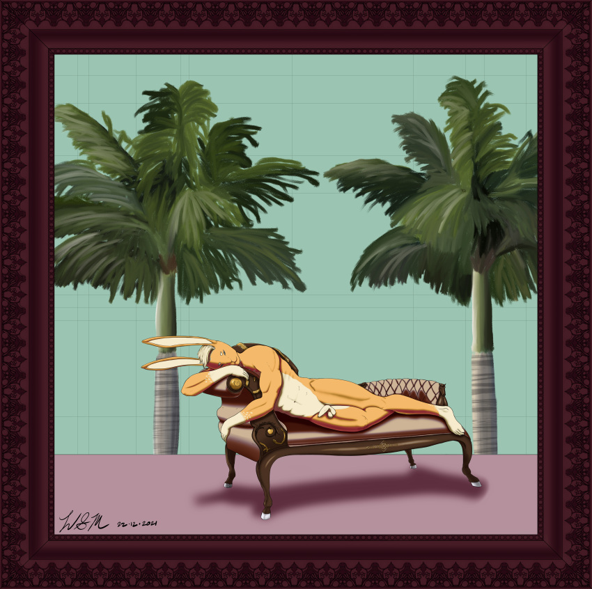 absurd_res anthro athletic athletic_male framed_picture fur furniture hair hi_res lagomorph leporid looking_at_viewer male mammal nude orange_body orange_fur palm_tree plant rabbit sofa solo tree warmspaceman white_hair