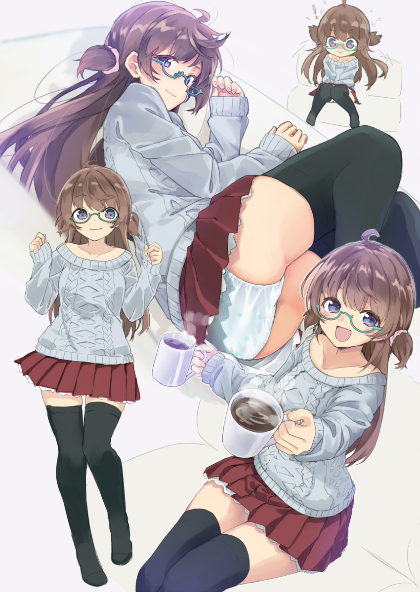 1girl :d amemiya_sekira aran_sweater ass bangs black_legwear blue_eyes blush breasts brown_hair closed_mouth collarbone commentary_request cup eyebrows_visible_through_hair green-framed_eyewear grey_sweater highres holding holding_cup long_hair long_sleeves lying mug multiple_views nose_blush off-shoulder_sweater off_shoulder on_side original panties pleated_skirt polka_dot polka_dot_panties red_skirt sekira_ame semi-rimless_eyewear sitting skirt sleeves_past_wrists small_breasts smile standing steam sweater thighhighs two_side_up under-rim_eyewear underwear very_long_hair white_panties