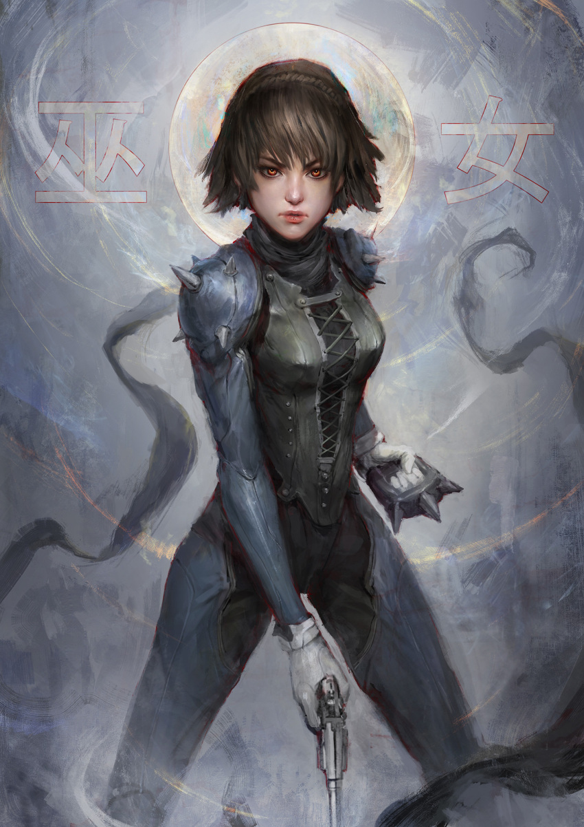 bangs black_bodysuit bodysuit braid breasts brown_eyes brown_hair crown_braid english_commentary gun handgun highres holding holding_gun holding_weapon looking_at_viewer medium_breasts niijima_makoto persona persona_5 realistic revolver short_hair shoulder_spikes spiked_knuckles spikes thedurianart v-shaped_eyebrows weapon