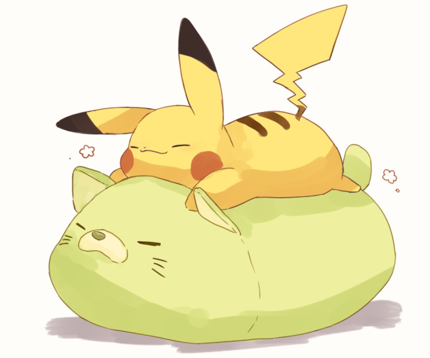 :3 closed_eyes full_body lying misonikomiii no_humans on_stomach pikachu pokemon pokemon_(creature) simple_background solo sploot stuffed_animal stuffed_cat stuffed_toy white_background