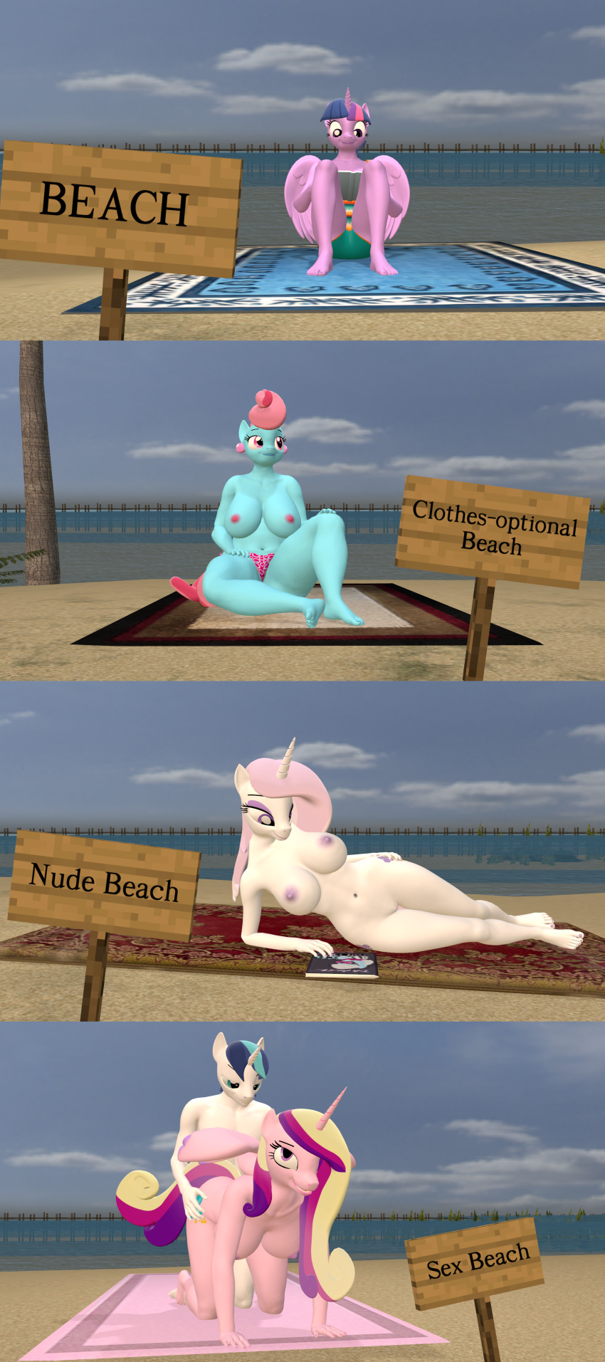 3d_(artwork) absurd_res all_fours beach big_breasts bikini bikini_bottom breasts clothed clothing digital_media_(artwork) equid equine female female_penetrated fleur_de_lis_(mlp) friendship_is_magic from_behind_position genitals hasbro hi_res horn husband_and_wife male male/female male_penetrating male_penetrating_female mammal married_couple mature_female mrs._cake_(mlp) my_little_pony nude nude_beach papadragon69 penetration princess_cadance_(mlp) pussy seaside sex shining_armor_(mlp) swimwear topless twilight_sparkle_(mlp) unicorn winged_unicorn wings