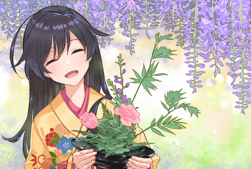 1girl ahoge bangs black_eyes black_hair closed_eyes commentary_request facing_viewer floral_print flower flower_pot girls_und_panzer head_tilt highres holding holding_pot inou_takashi isuzu_hana japanese_clothes kimono long_hair open_mouth pink_flower pot print_kimono smile solo wisteria yellow_kimono