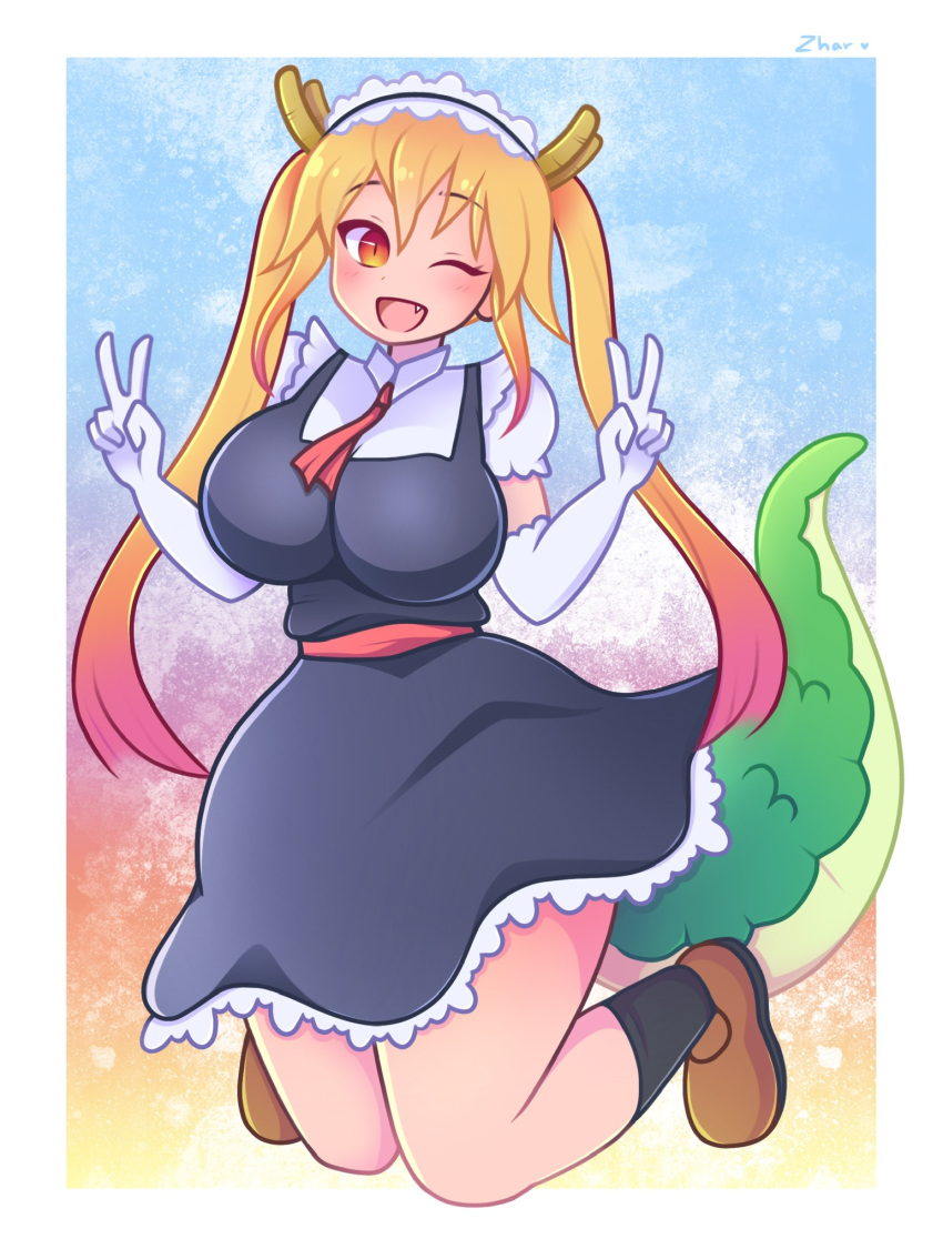 animal_humanoid big_breasts blonde_hair breasts clothed clothing double_v_sign dragon dragon_horn dragon_humanoid dress female footwear gesture hair hi_res horn humanoid kneeling lizard_tail maid_uniform miss_kobayashi's_dragon_maid one_eye_closed open_mouth pigtails pink_hair raised_tail scales scalie smile socks solo tohru_(dragon_maid) uniform v_sign wink zharxart
