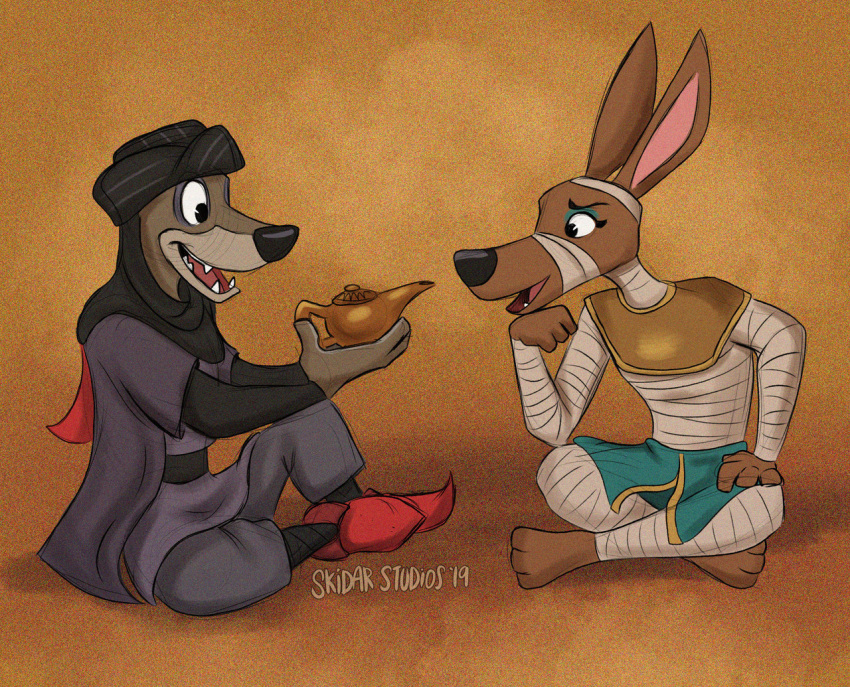 2019 amunet_(ducktales) anthro anubian_jackal arabian_wolf black_nose canid canine canis clothed clothing disney ducktales ducktales_(2017) duo egyptian egyptian_clothing faris_djinn female jackal male male/female mammal simple_background skidarstudios wolf