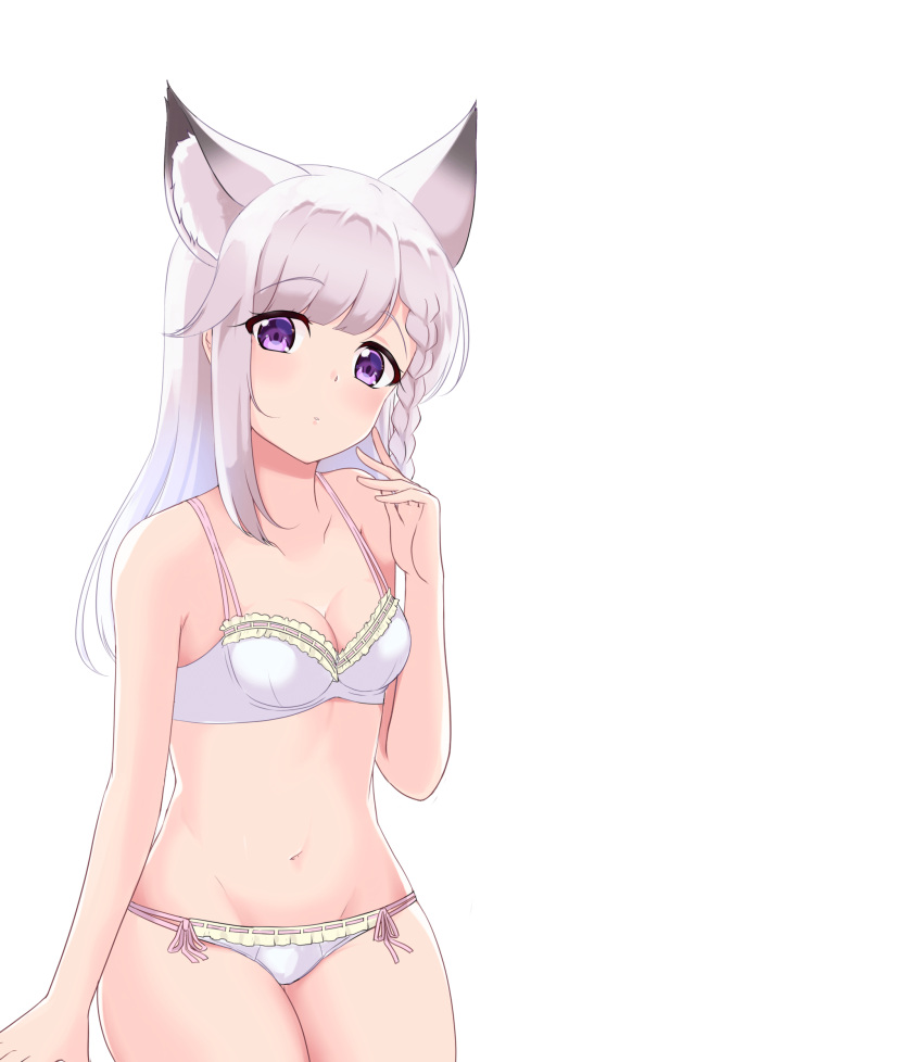 1girl absurdres aitsugawa_rui animal_ear_fluff animal_ears animare blush bra braid breasts cleavage commentary_request cowboy_shot highres long_hair looking_at_viewer medium_breasts panties purple_eyes shiromiya_mimi side_braid simple_background single_braid solo transparent_background underwear underwear_only virtual_youtuber white_bra white_hair white_panties