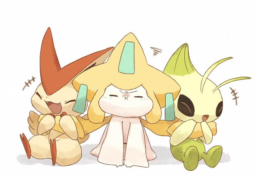 :d :i =_= ^_^ arm_support blush celebi closed_eyes facing_viewer fangs full_body fume furrowed_brow hands_up happy holding jirachi laughing misonikomiii no_humans pokemon pokemon_(creature) side-by-side simple_background sitting smile tears victini white_background