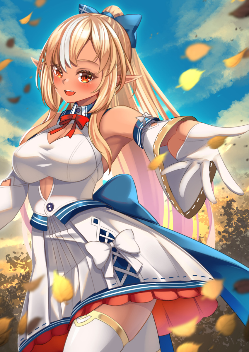 1girl :d bare_shoulders beckoning blonde_hair blue_bow blush bow breasts cleavage cleavage_cutout clothing_cutout commentary cutout_above_navel dark-skinned_female dark_skin detached_sleeves elf english_commentary gloves hair_bow half_gloves high_ponytail highres hololive hoshino_aoi_(la_huynh_hai_than) long_hair looking_at_viewer medium_breasts miniskirt multicolored_hair orange_eyes pointy_ears reaching_out shiranui_flare shirt skirt skirt_set smile solo streaked_hair thighhighs virtual_youtuber white_gloves white_legwear white_shirt wide_ponytail