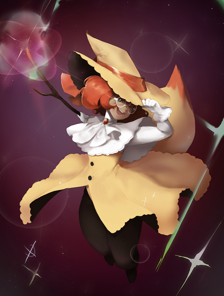 1girl adjusting_clothes adjusting_headwear aliasing arms_up black_legwear braixen bright_pupils brooch brown_eyes buttons capelet commentary dark-skinned_female dark_skin dress english_commentary flat_chest freckles full_body gem glasses gloves happy hat hat_ribbon highres holding holding_stick jewelry jumping long_sleeves magic one_eye_closed open_mouth outstretched_arm pantyhose personification pokemon purple_background red_hair red_ribbon ribbon round_eyewear ruby_(gemstone) shirt short_hair simple_background sleeveless sleeveless_dress smile solo sparkle stick teeth white-framed_eyewear white_capelet white_gloves white_pupils white_shirt witch_hat yellow_dress yellow_headwear zambiie