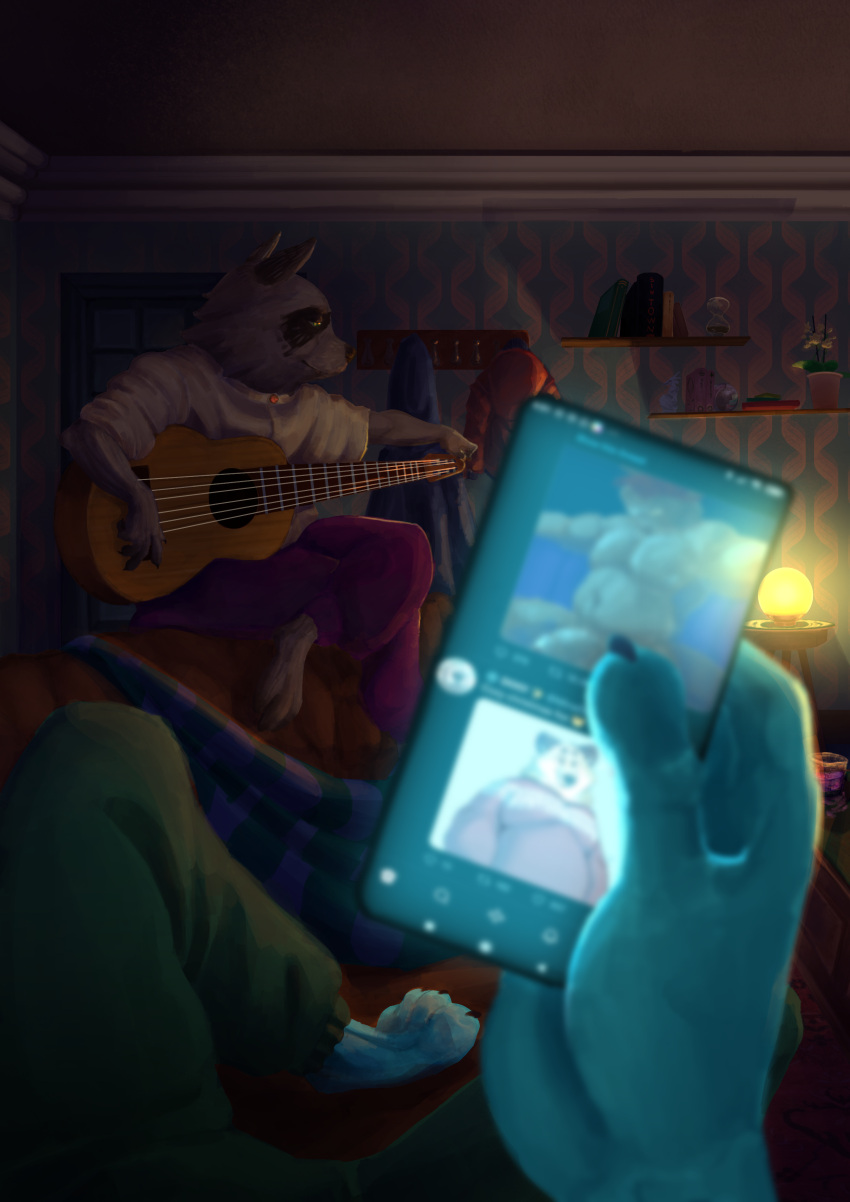 absurd_res anthro avalath_tiger calm clothed clothing comfy dim_lighting duo felid guitar hi_res kangaroo macropod male mammal marsupial muscular musical_instrument nude overweight overweight_male pantherine phone playing_music plucked_string_instrument procyonid raccoon short singing slim string_instrument tiger