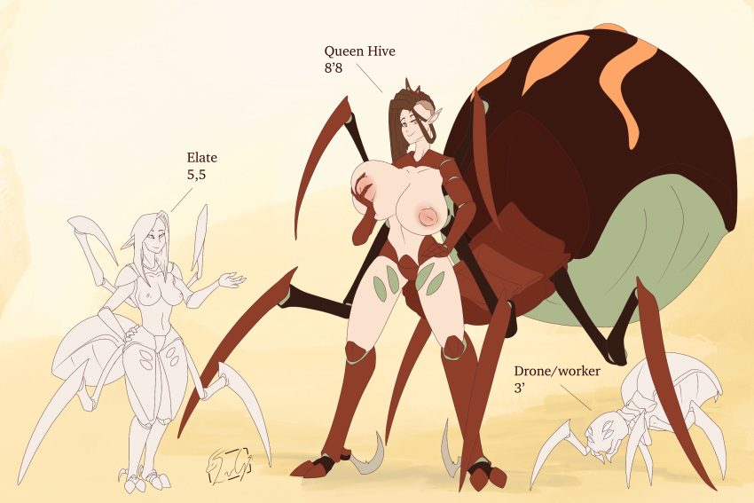 ambiguous_gender animal_humanoid arachne arachnid arachnid_humanoid areola arthropod arthropod_humanoid big_breasts breasts european_mythology exposed_breasts female feral greek_mythology group hair hi_res holding_breast huge_breasts humanoid humanoid_pointy_ears hyper insect insect_humanoid larger_female looking_at_viewer monster_girl_(genre) mostly_nude multi_limb mythology nipples quest_counter simple_background size_difference smaller_ambiguous smaller_female smile spider
