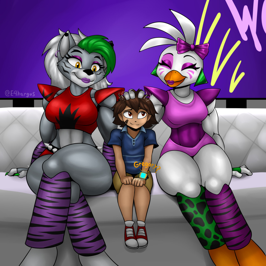 accessory age_difference animatronic anthro anthrofied avian beak bird breasts brown_eyes brown_hair canid canine canis crossed_legs eyes_closed eyeshadow female five_nights_at_freddy's five_nights_at_freddy's:_security_breach furniture glamrock_chica_(fnaf) gregory_(fnaf) hair hair_accessory hair_bow hair_ribbon hand_on_another's_head headpat hi_res human machine makeup male mammal non-mammal_breasts ribbons robot roxanne_wolf_(fnaf) scottgames sitting sofa video_games wolf