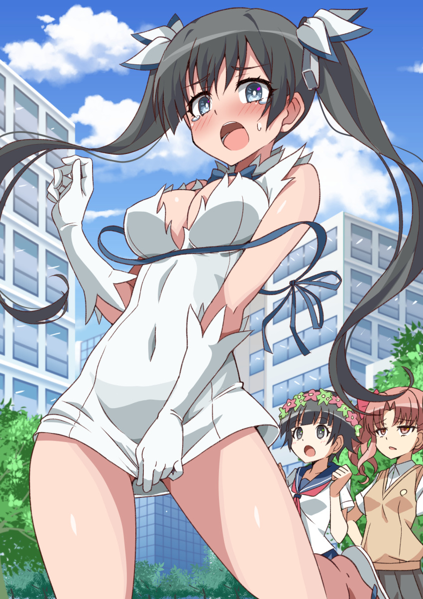 3girls arm_ribbon ass_visible_through_thighs bangs bare_legs bare_shoulders black_eyes black_hair blue_eyes blue_ribbon blunt_bangs blush bow bowtie breasts bright_pupils cityscape cleavage cleavage_cutout clothes_tug clothing_cutout contrapposto cosplay covered_navel covered_nipples cowboy_shot dress dress_tug dungeon_ni_deai_wo_motomeru_no_wa_machigatteiru_darou_ka embarrassed flip-flops from_below gloves hair_between_eyes hair_ribbon hestia_(danmachi) hestia_(danmachi)_(cosplay) highres jitome large_breasts leg_up long_hair looking_at_viewer low_neckline multiple_girls open_mouth outdoors pencil_dress pink_eyes pink_hair rei_no_himo ribbon sandals saten_ruiko shirai_kuroko short_dress sky standing standing_on_one_leg tareme toaru_kagaku_no_railgun toaru_majutsu_no_index twintails uiharu_kazari white_dress white_gloves xiafuizui