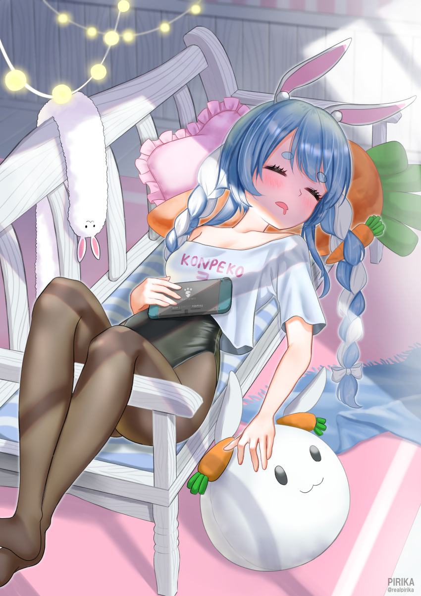 1girl :3 absurdres animal_ear_fluff animal_ears artist_name bench black_legwear blue_hair blush braid brand_name_imitation carrot carrot_pillow closed_eyes don-chan_(usada_pekora) drooling genjitsu_pirika highres hololive indoors leotard leotard_under_clothes long_hair lying multicolored_hair nintendo_switch no_shoes nousagi_(usada_pekora) off_shoulder on_back pantyhose rabbit_ears sleeping solo string_lights thick_eyebrows twin_braids twitter_username two-tone_hair usada_pekora watermark white_hair