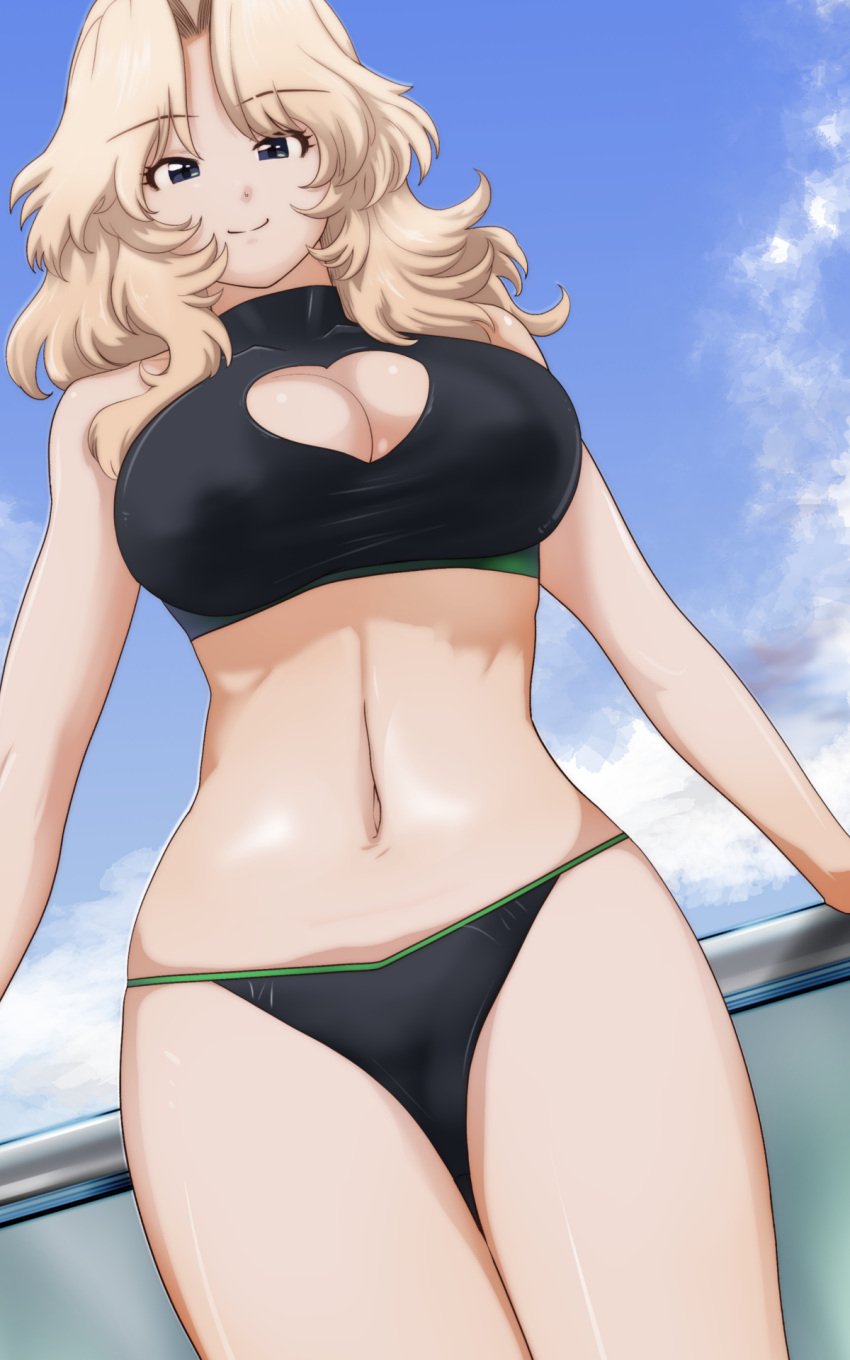 1girl bikini black_bikini blonde_hair blue_eyes blue_sky breasts cleavage_cutout closed_mouth clothing_cutout cloud cloudy_sky commentary_request cowboy_shot day dutch_angle eyebrows_visible_through_hair girls_und_panzer hair_intakes half-closed_eyes heart_cutout highres kay_(girls_und_panzer) large_breasts looking_at_viewer medium_hair navel outdoors sky smile solo standing swimsuit yoyokkun