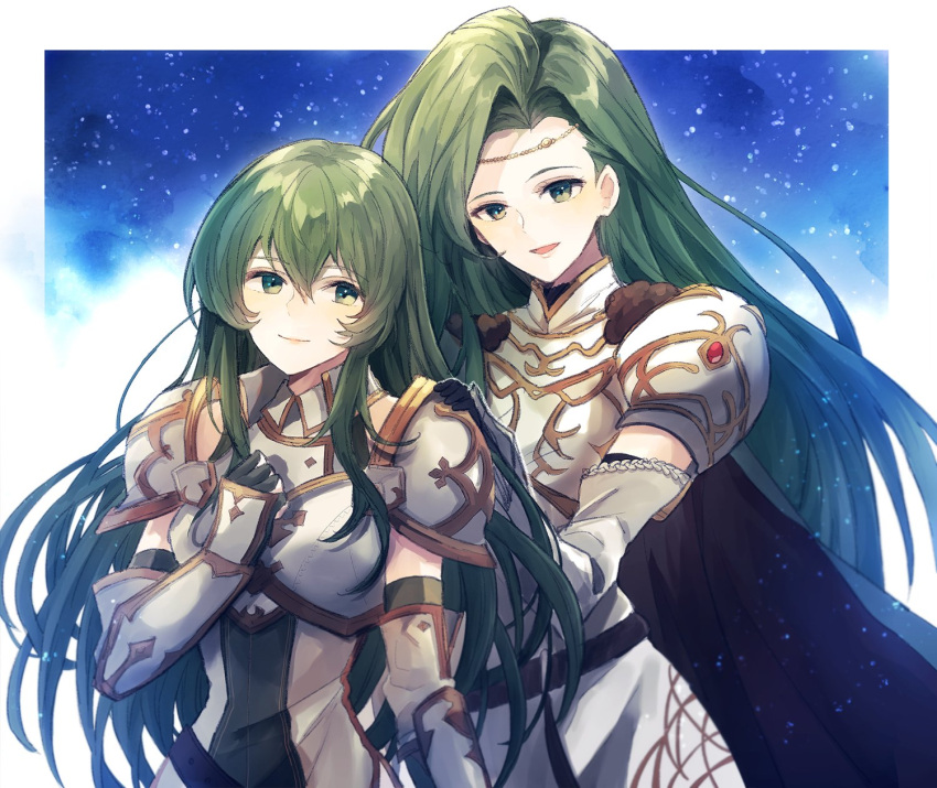 2girls annand_(fire_emblem) armor bangs black_gloves breastplate elbow_gloves erinys_(fire_emblem) eyebrows_visible_through_hair fantasy fire_emblem fire_emblem:_genealogy_of_the_holy_war gloves green_eyes green_hair hair_behind_ear hand_on_own_chest hands_on_another's_shoulders headband highres kro looking_at_viewer multiple_girls open_mouth siblings sisters smile