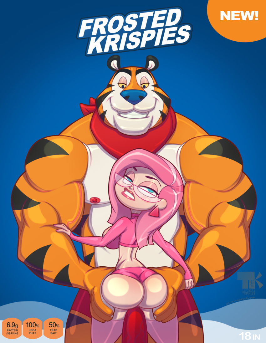 anthro duo female frosted_flakes hi_res human kellogg's male male/female mammal mascot miss_pink rice_krispies tony_the_tiger turk128