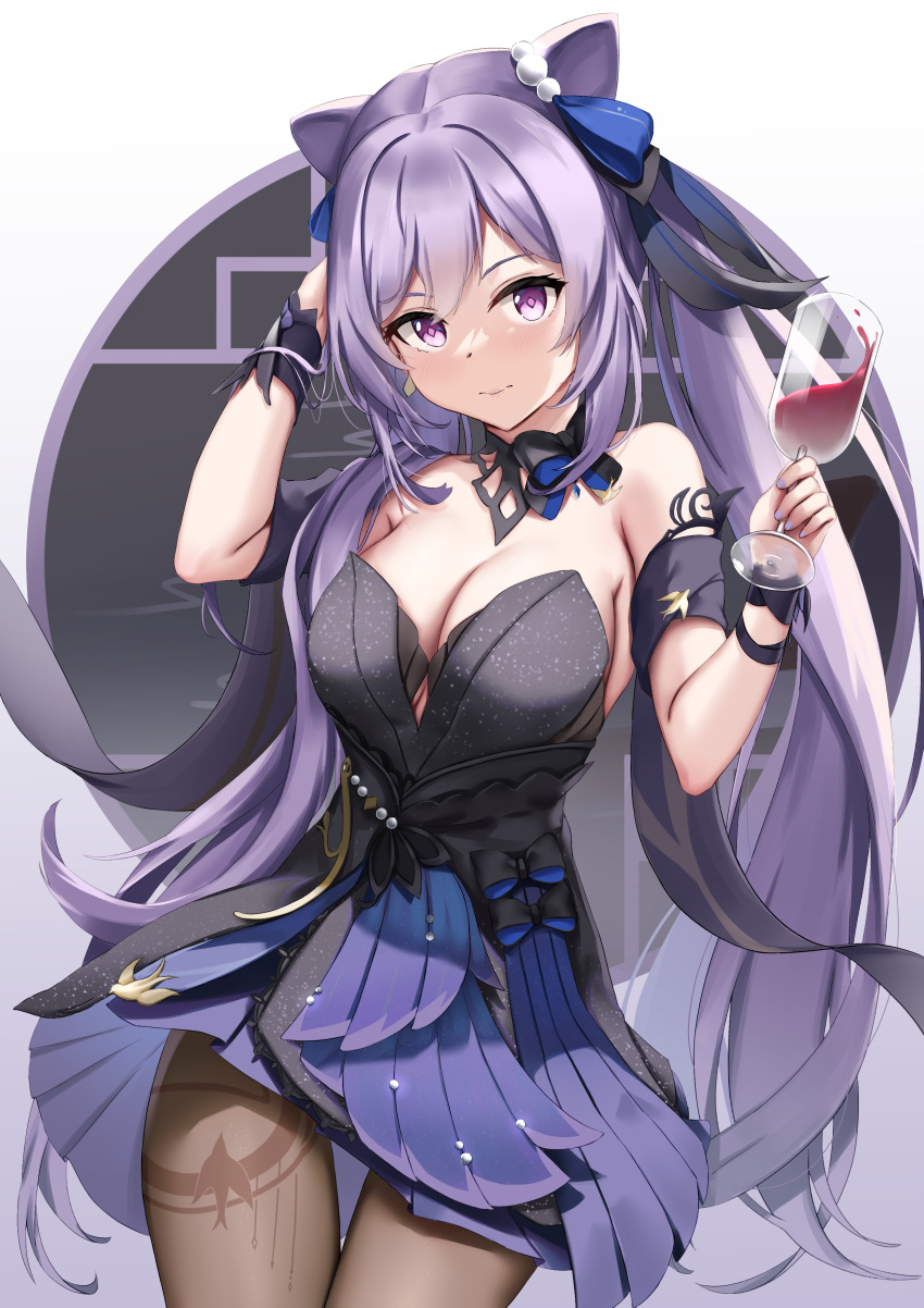 1girl 3: absurdres bare_shoulders black_dress bow breasts brown_legwear cleavage clothing_cutout cowboy_shot cup detached_collar detached_sleeves dress drinking_glass genshin_impact hair_bow hair_cones hands_up highres holding keqing_(genshin_impact) keqing_(opulent_splendor)_(genshin_impact) long_hair looking_at_viewer medium_breasts pantyhose purple_dress purple_eyes purple_hair skai_kun solo standing strapless strapless_dress thigh_gap twintails underboob_cutout