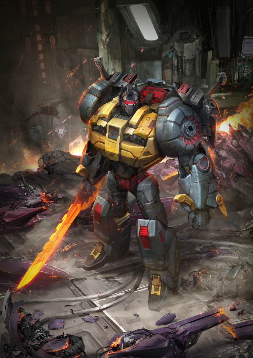 autobot clenched_hand energy_sword english_commentary fire gift_art grimlock highres holding holding_sword holding_weapon looking_at_viewer mecha no_humans science_fiction solo standing swoop_(transformers) sword thedurianart transformers transformers:_fall_of_cybertron visor weapon