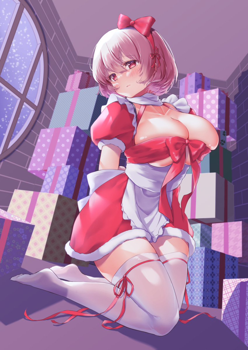 1girl absurdres apron arms_behind_back azur_lane blush bob_cut box breasts breasts_outside classic_(zildjian33) cleavage dress eyebrows_visible_through_hair full_body fur-trimmed_dress fur_trim gift gift_box hair_between_eyes highres indoors kneeling looking_at_viewer maid pink_hair puffy_short_sleeves puffy_sleeves red_dress red_eyes red_ribbon ribbon short_dress short_sleeves sirius_(azur_lane) solo thighhighs white_apron white_legwear zettai_ryouiki