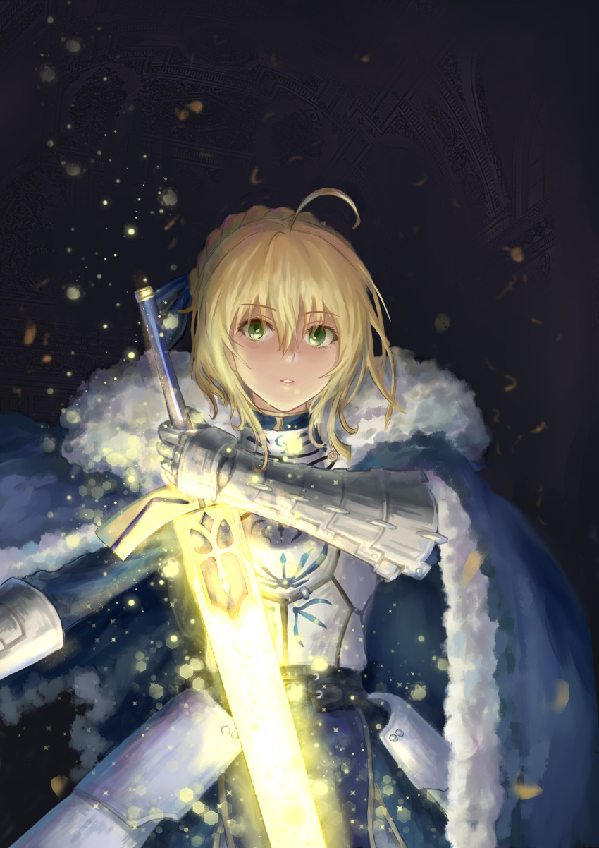 1girl absurdres ahoge armor armored_dress artoria_pendragon_(fate) bangs black_background blonde_hair braid cloak excalibur_(fate/stay_night) eyebrows_behind_hair eyebrows_visible_through_hair fate/grand_order fate/stay_night fate_(series) hair_between_eyes highres holding holding_sword holding_weapon light looking_at_viewer saber solo sword weapon yelan_xing_xuan