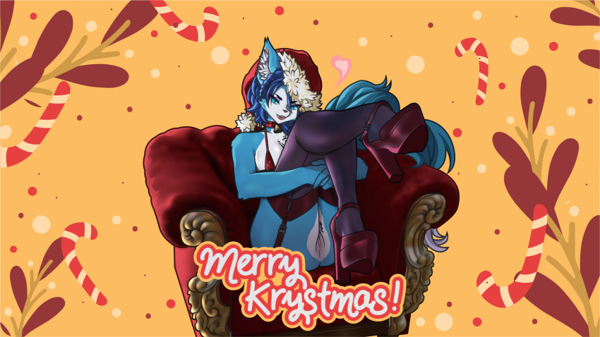 anthro armchair bell bell_collar blue_body blue_eyes blue_fur blue_hair canid canine chair christmas christmas_clothing christmas_headwear clasped_hands clothing collar feet female foot_focus fox fur furniture hair hands_under_legs hat headgear headwear hi_res high_heels holidays humor krystal kuja legs_up legwear lingerie lounging mammal neckwear nintendo presenting pun red_clothing santa_hat smile smiling_at_viewer solo star_fox stockings video_games