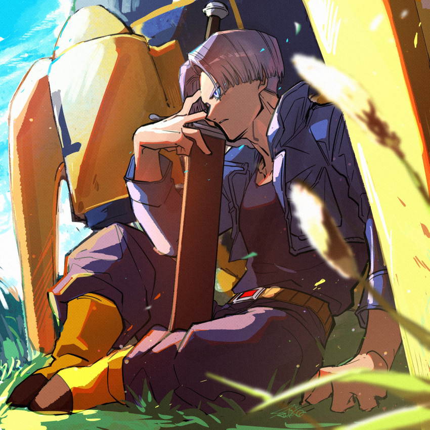 1boy anklet arm_at_side arm_support baggy_pants belt black_pants black_shirt blue_eyes blue_sky blurry boots butterfly_sitting collarbone day denim denim_jacket depth_of_field dragon_ball dragon_ball_z facing_away grass hand_on_weapon hand_up high_collar highres jacket jewelry light_particles looking_afar male_focus on_ground outdoors pants parted_lips purple_hair sakaikurinea serious shade shiny shiny_hair shirt sitting sky straight_hair sunlight sword time_machine trunks_(dragon_ball) trunks_(future)_(dragon_ball) weapon wind wind_lift yellow_belt yellow_footwear