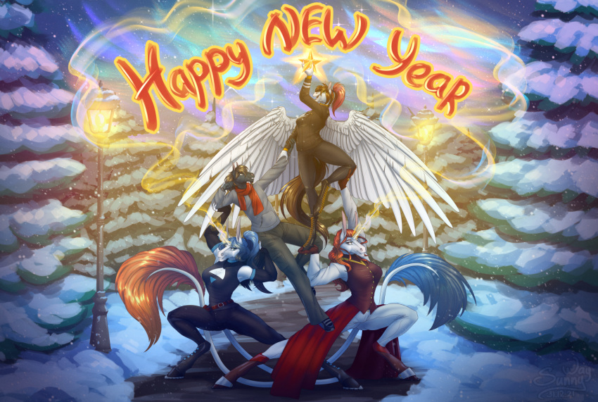 2022 alacorna anthro brother brother_and_sister christmas digital_drawing_(artwork) digital_media_(artwork) equi equid equine equis_universe evergreen_tree female group happy holidays horn horse kelesta kelin magic male mammal new_year new_year_2022 pegasus plant sibling sister sisters smile snow steven_saidon sunny_way sunny_way_(character) tree unicorn wings winter year