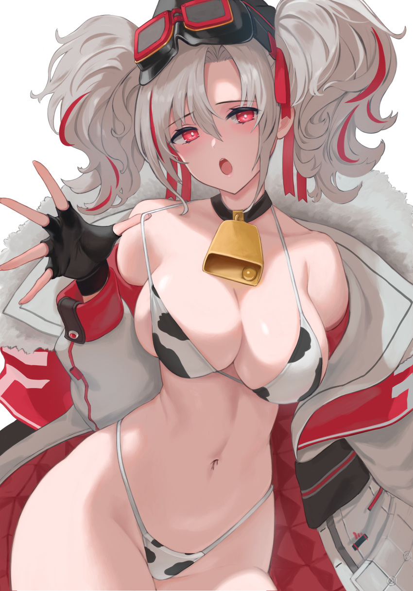 1girl :o animal_print azur_lane bangs bell bikini bikini_under_clothes black_gloves breasts commentary_request cow_print cowbell dai00888 eyebrows_visible_through_hair fingerless_gloves gloves goggles goggles_on_head grey_jacket hair_between_eyes hair_ribbon highres jacket large_breasts leaning_to_the_side looking_at_viewer multicolored_hair navel neck_bell off_shoulder open_mouth prinz_adalbert_(azur_lane) red_eyes red_hair red_ribbon ribbon silver_hair simple_background swimsuit twintails two-tone_hair white_background