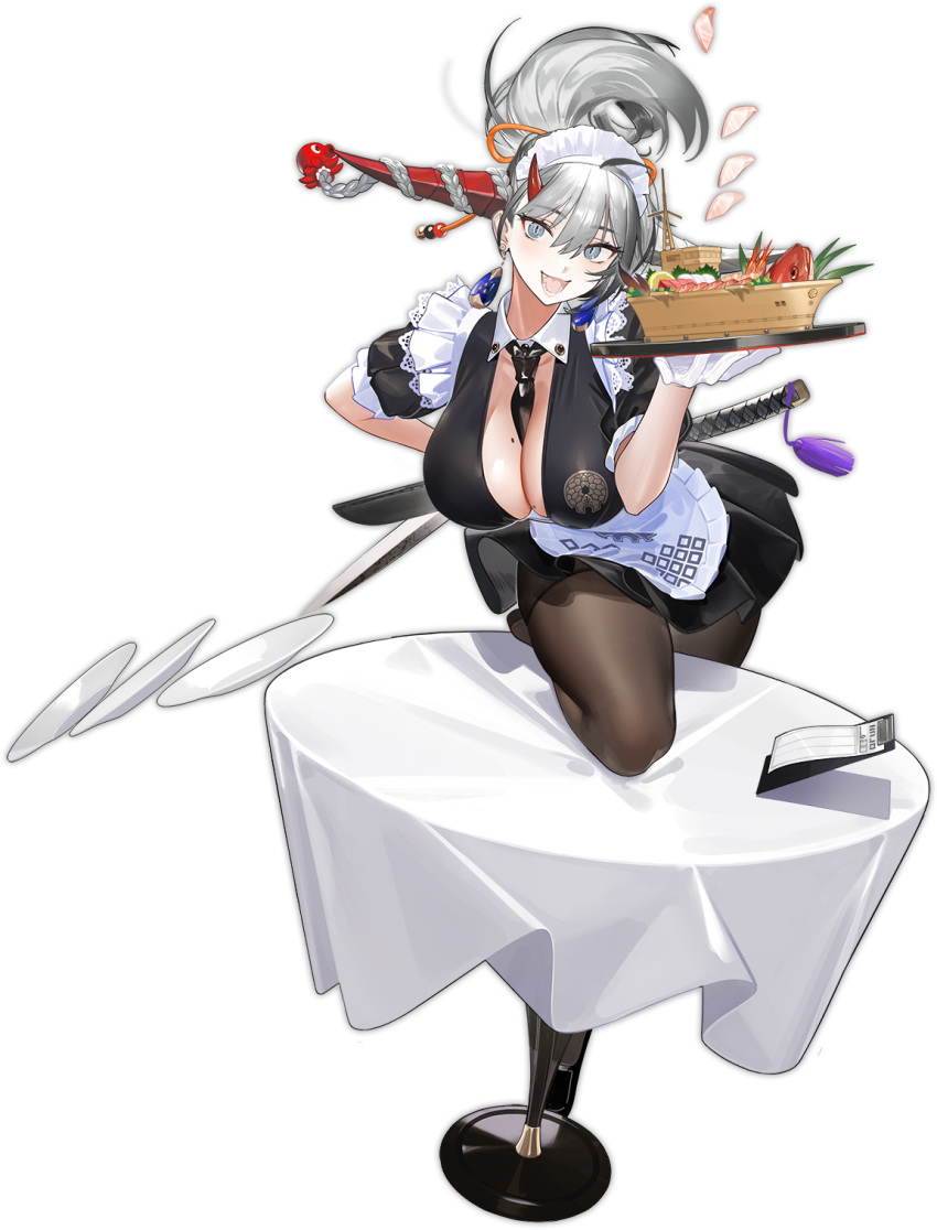 1girl alternate_costume apron asymmetrical_horns azur_lane between_breasts black_dress black_legwear black_necktie braid breasts center_opening cleavage dress earrings enmaided eyebrows_visible_through_hair fish frilled_apron frills gloves grey_eyes hair_between_eyes hakuryuu_(azur_lane) hakuryuu_(slice_dice_and_serve)_(azur_lane) highres holding holding_tray horns izuru_(timbermetal) jewelry large_breasts long_hair looking_at_viewer maid mole mole_on_breast necktie necktie_between_breasts official_alternate_costume official_art on_table open_mouth pantyhose plate short_dress short_sleeves silver_hair solo sword sword_behind_back table transparent_background tray very_long_hair weapon white_apron white_gloves