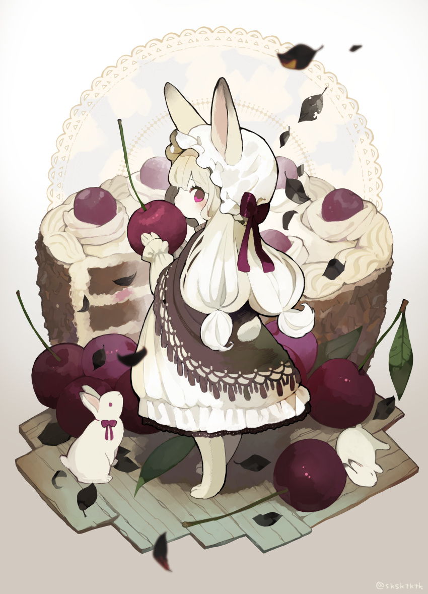 absurd_res ambiguous_gender anthro biped bow_tie cake cherry clothed clothing dessert female feral food fruit fur gradient_background group hair hi_res holding_food holding_object lagomorph leaf leporid mammal plant purple_eyes quadruped rabbit sakutake signature simple_background white_body white_fur white_hair