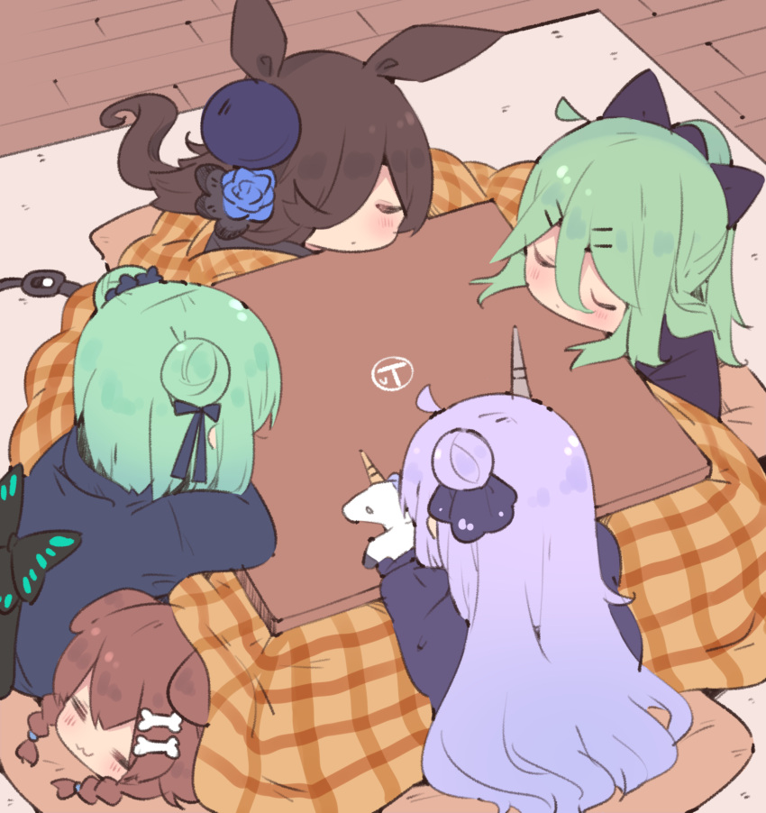 5girls ahoge animal_ears azur_lane black_ribbon blue_flower blue_headwear blue_ribbon blue_rose blush bone_hair_ornament braid brown_hair closed_eyes closed_mouth crossover dog_ears double_bun flower green_hair hair_between_eyes hair_ornament hair_over_one_eye hair_ribbon hairclip hat hat_flower highres hololive horse_ears horse_girl horse_tail inugami_korone kantai_collection kotatsu long_hair long_sleeves medium_hair multiple_girls ponytail purple_hair ribbon rice_shower_(umamusume) rose side_bun stuffed_unicorn suzuki_toto table tail tilted_headwear twin_braids umamusume unicorn_(azur_lane) uruha_rushia virtual_youtuber yamakaze_(kancolle)