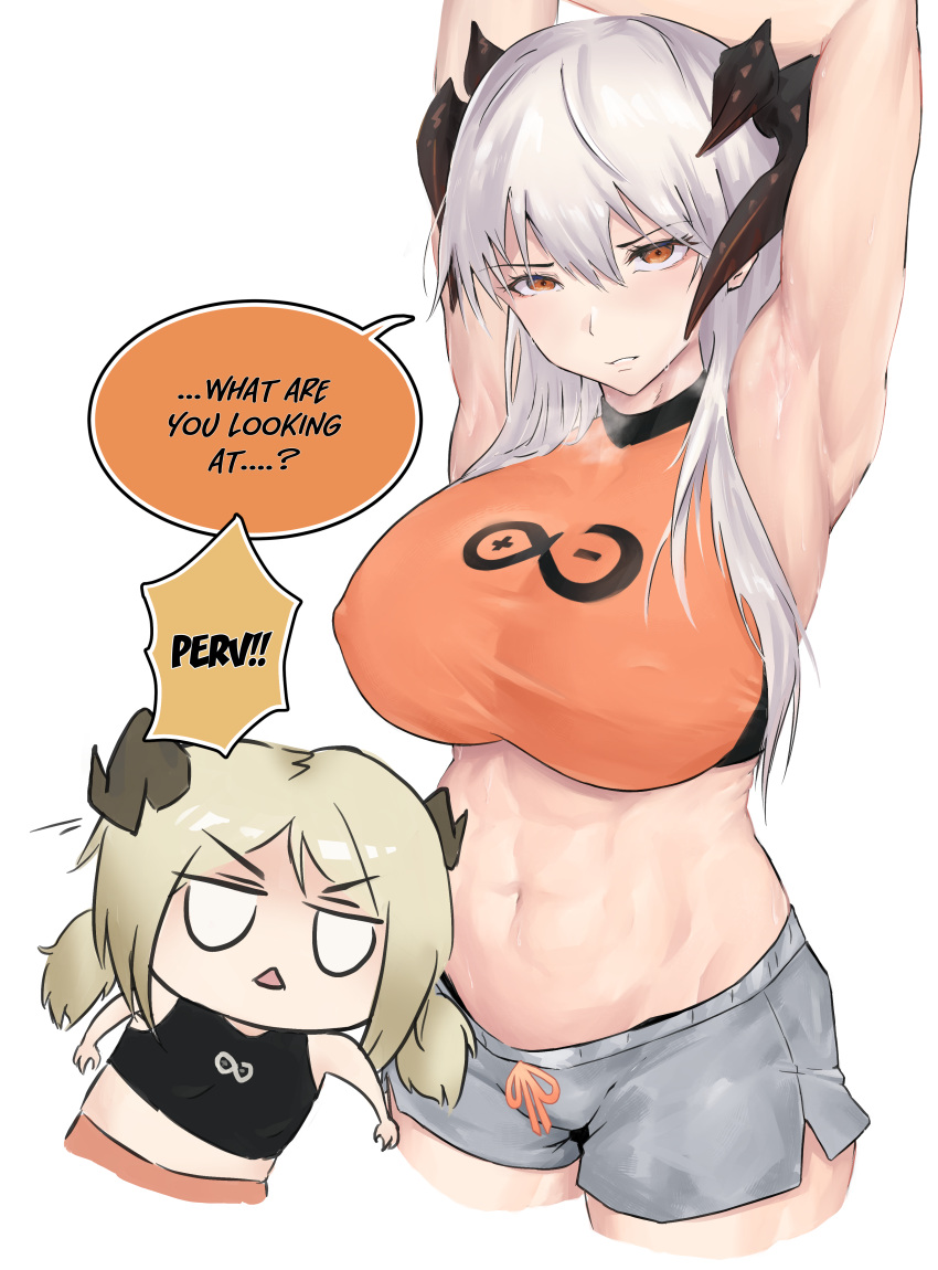 2girls abs absurdres alternate_costume arknights armpit_focus armpits breasts chibi dragon_girl dragon_horns highres horns ifrit_(arknights) large_breasts looking_at_viewer multiple_girls muscular muscular_female orange_eyes presenting_armpit rhine_lab_logo rika_(akarika057) saria_(arknights) short_shorts shorts spread_armpit white_hair