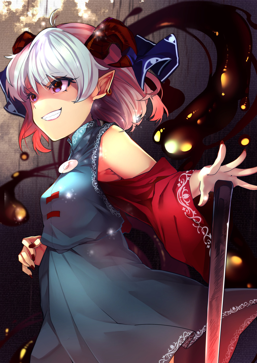 1girl absurdres blue_dress curly_hair detached_sleeves dress earrings embers grin highres horizontal_pupils horn_ornament horn_ribbon horns jewelry littolebusters oil oversized_object pointy_ears rectangular_pupils red_eyes red_horns red_sleeves ribbon sheep_horns smile solo touhou toutetsu_yuuma utensil white_hair