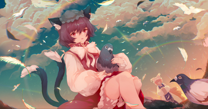 2girls animal animal_ear_fluff animal_ears azusa0v0 bird blonde_hair bloomers bow bowtie brown_hair cat_ears chen chromatic_aberration cloud dress dutch_angle earrings falling_feathers feet_out_of_frame fox_ears fox_tail gold_trim hair_between_eyes hands_in_opposite_sleeves hat highres holding holding_animal holding_bird jewelry light_smile looking_at_viewer mob_cap multiple_girls multiple_tails nekomata outdoors pillow_hat puffy_sleeves red_dress short_hair single_earring sitting solo_focus tail touhou two_tails underwear white_bow white_bowtie yakumo_ran
