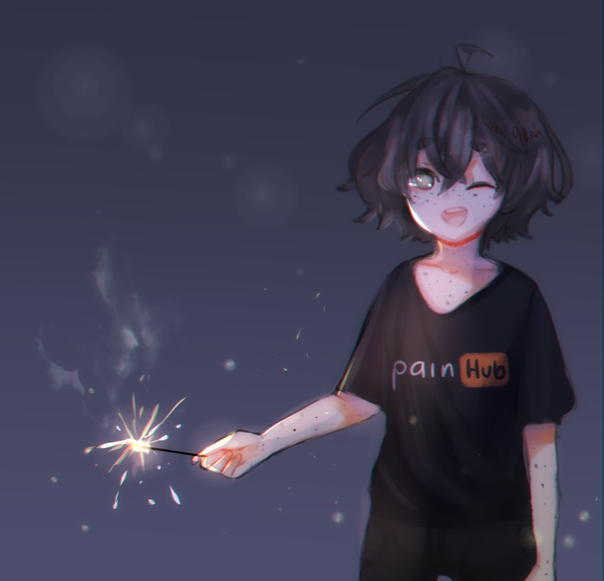 1girl :d absurdres ahoge bangs black_pants black_shirt blind_girl_(popopoka) body_freckles borrowed_character collarbone eyebrows_visible_through_hair fireworks freckles gradient gradient_background grey_background grey_eyes highres holding meme neqo_(neneneqo) one_eye_closed original pants pornhub shirt short_hair signature smile solo symbol-only_commentary teeth upper_teeth