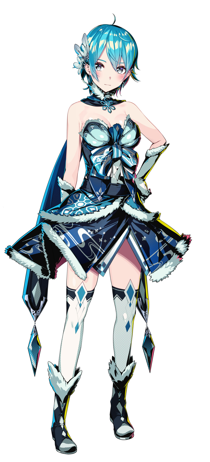 1girl absurdres ahoge armor blue_hair blush boots dress duel_princess expressionless full_body fur_trim gloves grey_eyes halftone hand_on_hip highres official_art photoshop_(medium) short_hair simple_background snowflake_print solo standing strapless strapless_dress tachi-e thighhighs white_background yamacchi