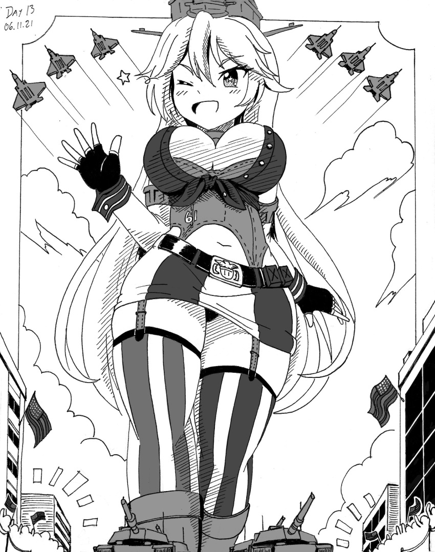 aircraft airplane american_flag breasts fighter_jet garter_straps giant giantess gloves ground_vehicle hank88 highres iowa_(kancolle) jet kantai_collection large_breasts long_hair midriff military military_vehicle motor_vehicle one_eye_closed panties parade skirt smile star-shaped_pupils star_(symbol) symbol-shaped_pupils tank underwear waving