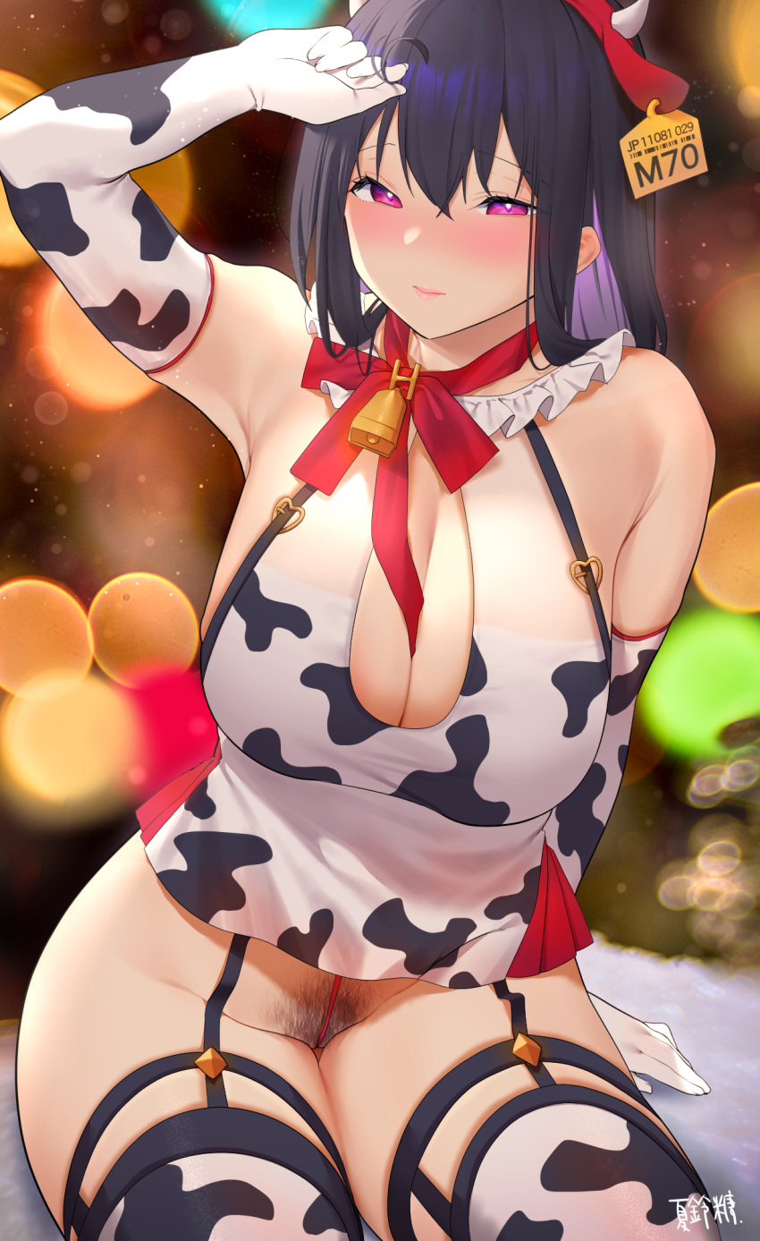 1girl animal_print arm_support arm_up bare_hips bell black_hair blush breasts cleavage cleavage_cutout clothing_cutout colored_inner_hair commentary_request cow_girl cow_horns cow_print dress ear_tag elbow_gloves female_pubic_hair gloves highres horns huge_breasts karinto_yamada legs_together long_hair looking_at_viewer multicolored_hair neck_bell neck_ribbon original print_gloves print_legwear pubic_hair purple_eyes purple_hair red_ribbon ribbon short_dress sitting solo thighhighs thighs two-tone_hair
