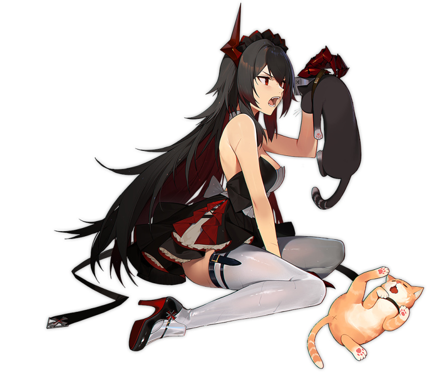 1girl animal arm_support artist_request azur_lane bare_shoulders black_hair cart cat claws fangs from_side full_body holding holding_animal holding_cat long_hair looking_at_another magdeburg_(azur_lane) magdeburg_(cat_cafe_cleanup)_(azur_lane) maid maid_headdress official_alternate_costume official_art red_eyes scar scar_on_arm sitting thighhighs transparent_background wariza white_legwear x_anus