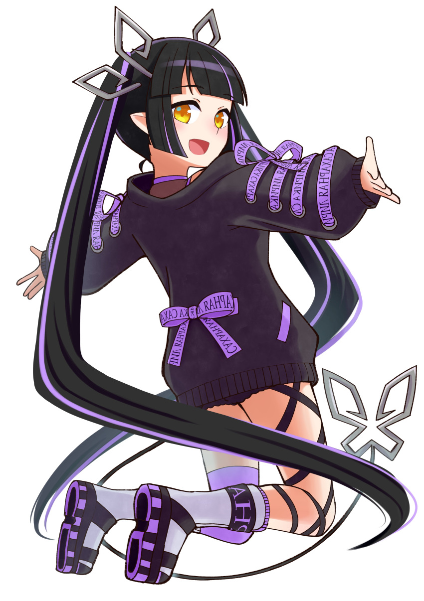 1girl absurdres bangs black_footwear black_hair black_jacket black_ribbon blunt_bangs blush boots commentary_request cross-laced_sleeves demon_girl demon_horns demon_tail eyebrows_visible_through_hair full_body highres horns ishimari jacket kojo_anna leg_ribbon long_hair long_sleeves looking_at_viewer looking_back multicolored_footwear multicolored_hair open_mouth pointy_ears purple_footwear purple_hair purple_legwear ribbon russian_text simple_background single_thighhigh smile solo sugar_lyric tail thighhighs twintails two-tone_hair very_long_hair virtual_youtuber white_background white_footwear yellow_eyes