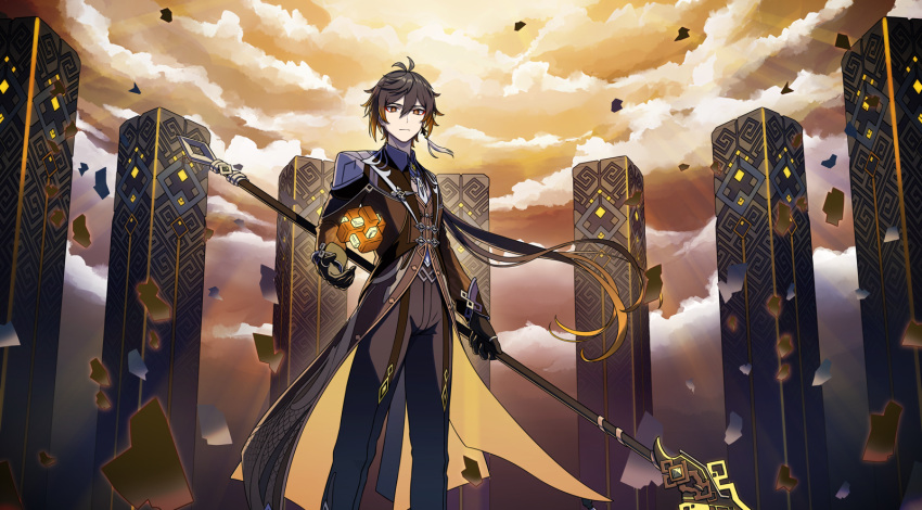 1boy bangs black_gloves brown_hair closed_mouth cloud cloudy_sky coattails collared_shirt commentary_request earrings eyeliner floating floating_object formal genshin_impact gloves gradient_hair hair_between_eyes highres holding holding_polearm holding_weapon jacket jewelry long_hair long_sleeves looking_at_viewer makeup male_focus multicolored_hair necktie orange_hair pants polearm ponytail rankebu shirt single_earring sky solo standing stele suit tassel tassel_earrings thumb_ring weapon white_necktie yellow_eyes zhongli_(genshin_impact)