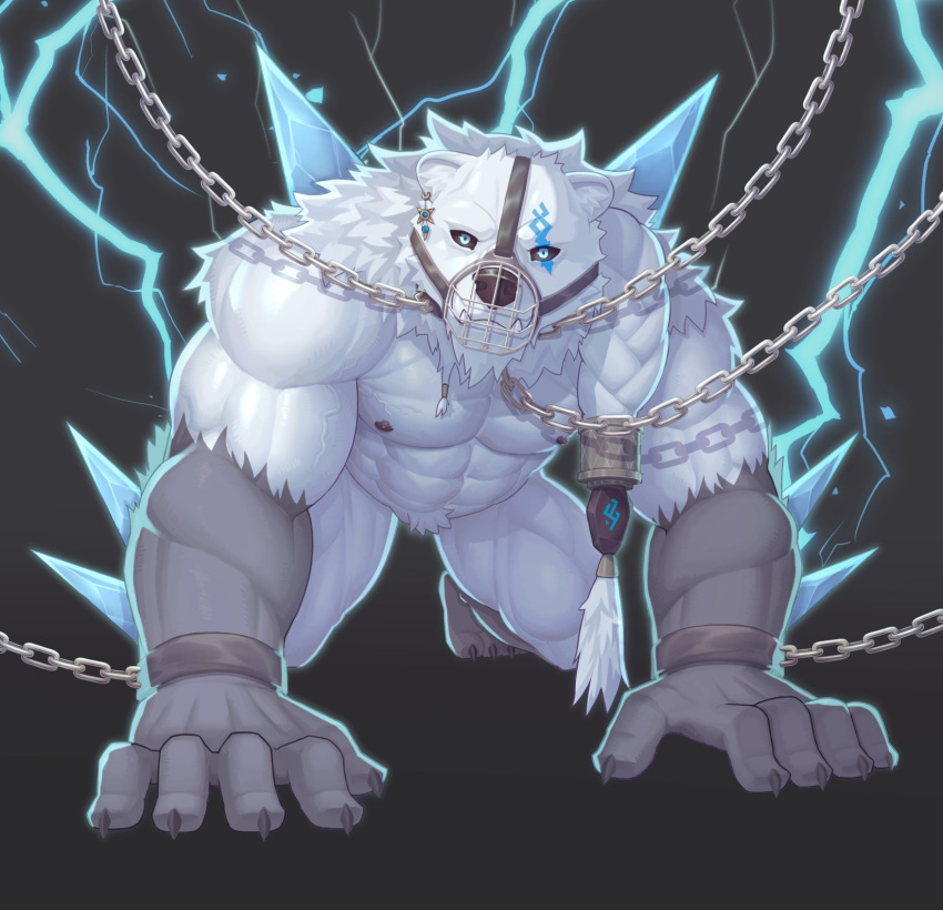 all_fours anthro chain chained featureless_crotch hi_res humanoid league_of_legends male muscular muscular_male muzzle_(object) nipples pecs riot_games ronci smile solo video_games volibear