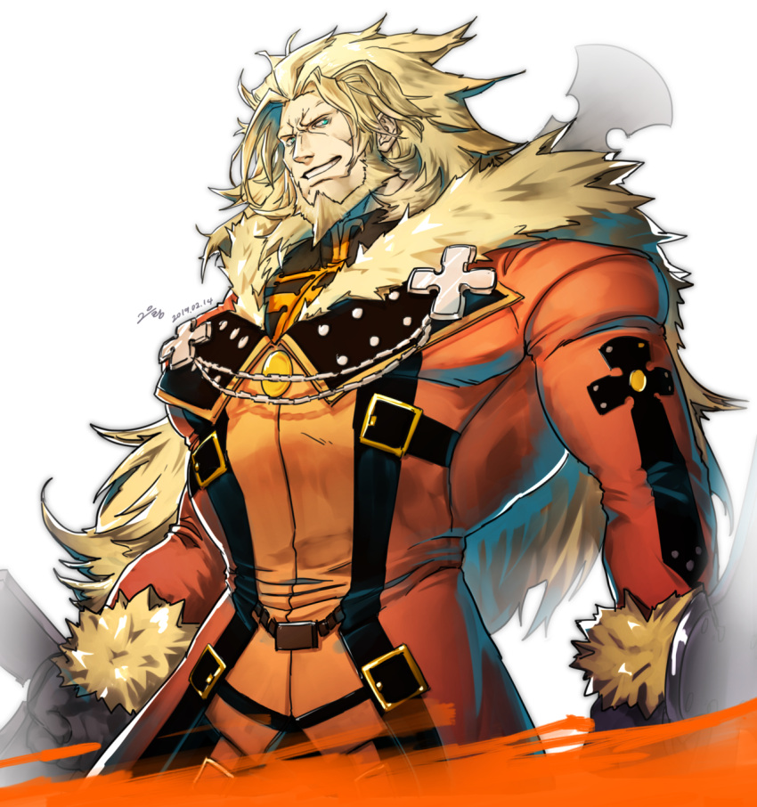 1boy bara beard blonde_hair blue_eyes coat commentary_request cross facial_hair fur-trimmed_jacket fur_trim guilty_gear highres jacket large_pectorals leo_whitefang long_hair looking_at_viewer m0m030m male_focus mature_male muscular muscular_male open_clothes open_coat orange_coat pectorals smile solo white_background