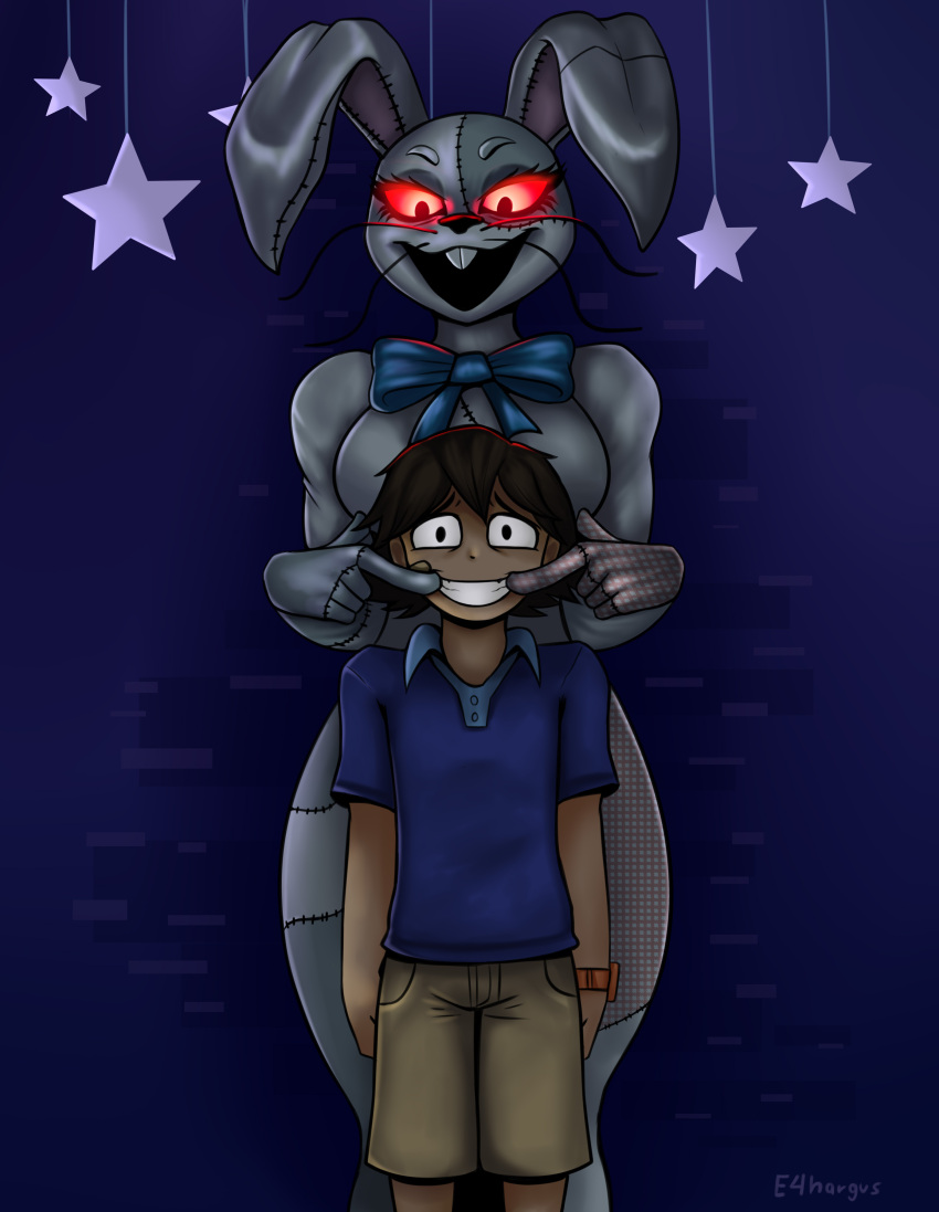 absurd_res anthro big_breasts breasts curvy_figure digital_drawing_(artwork) digital_media_(artwork) duo female five_nights_at_freddy's gregory_(fnaf) hi_res human lagomorph larger_anthro larger_female leporid looking_at_another looking_at_partner looking_at_viewer looking_down male mammal nervous_smile rabbit rakoongrey scottgames signature size_difference smaller_human smaller_male standing thick_thighs vanny_(fnaf) video_games voluptuous worried