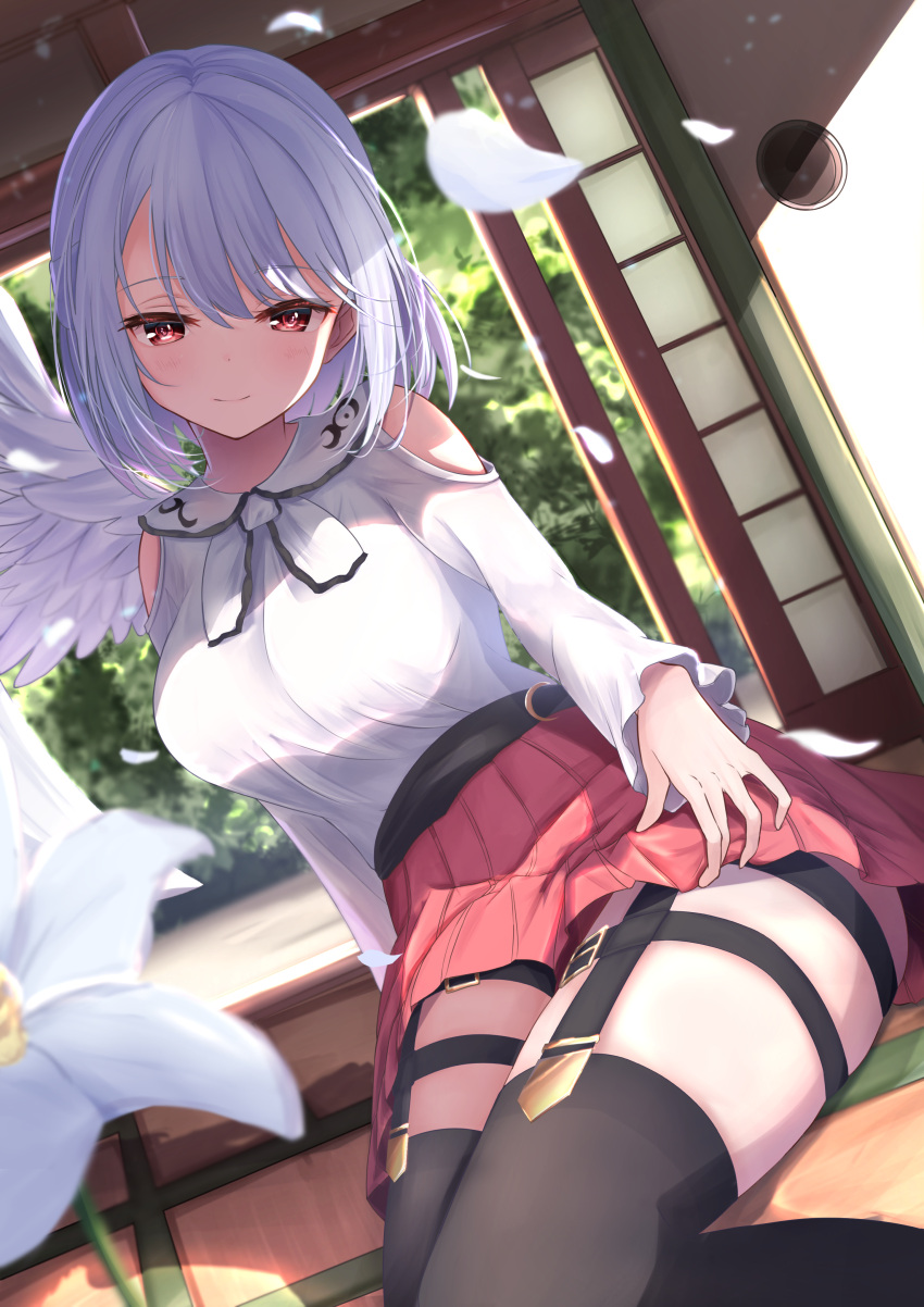 1girl absurdres alternate_costume bare_shoulders feet_out_of_frame flower flower_request highres kishin_sagume light_blush light_smile long_hair looking_at_viewer medium_hair niko_kusa pleated_skirt red_eyes red_skirt silver_hair single_wing sitting skirt solo thighhighs touhou white_flower wings