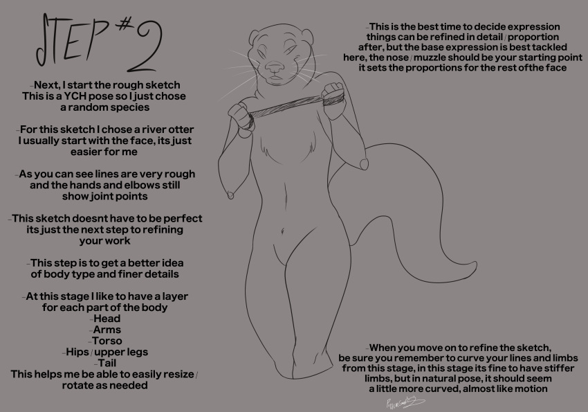 absurd_res ambiguous_gender anthro curved_tail curvy_figure english_text hi_res how-to leash leash_pull lutrine mammal mustelid pose possumgod rough_sketch solo text wren_the_otter_(possumgod)