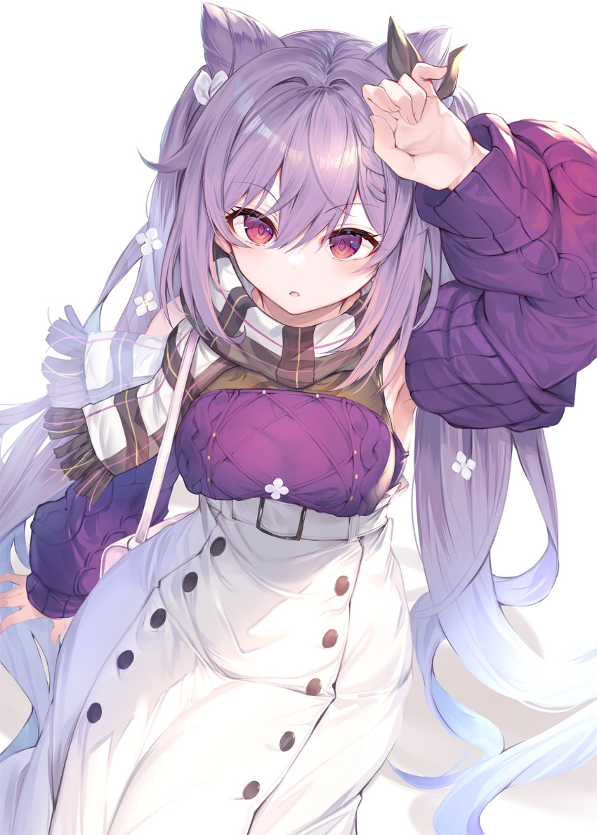 1girl bag bangs bare_shoulders black_scarf blush breasts buttons detached_sleeves double_bun fal_maro genshin_impact grey_skirt highres keqing_(genshin_impact) long_hair long_shirt looking_at_viewer medium_breasts plaid plaid_scarf purple_eyes purple_hair purple_sweater scarf shoulder_bag skirt sleeveless sleeveless_sweater solo sweater swept_bangs twintails